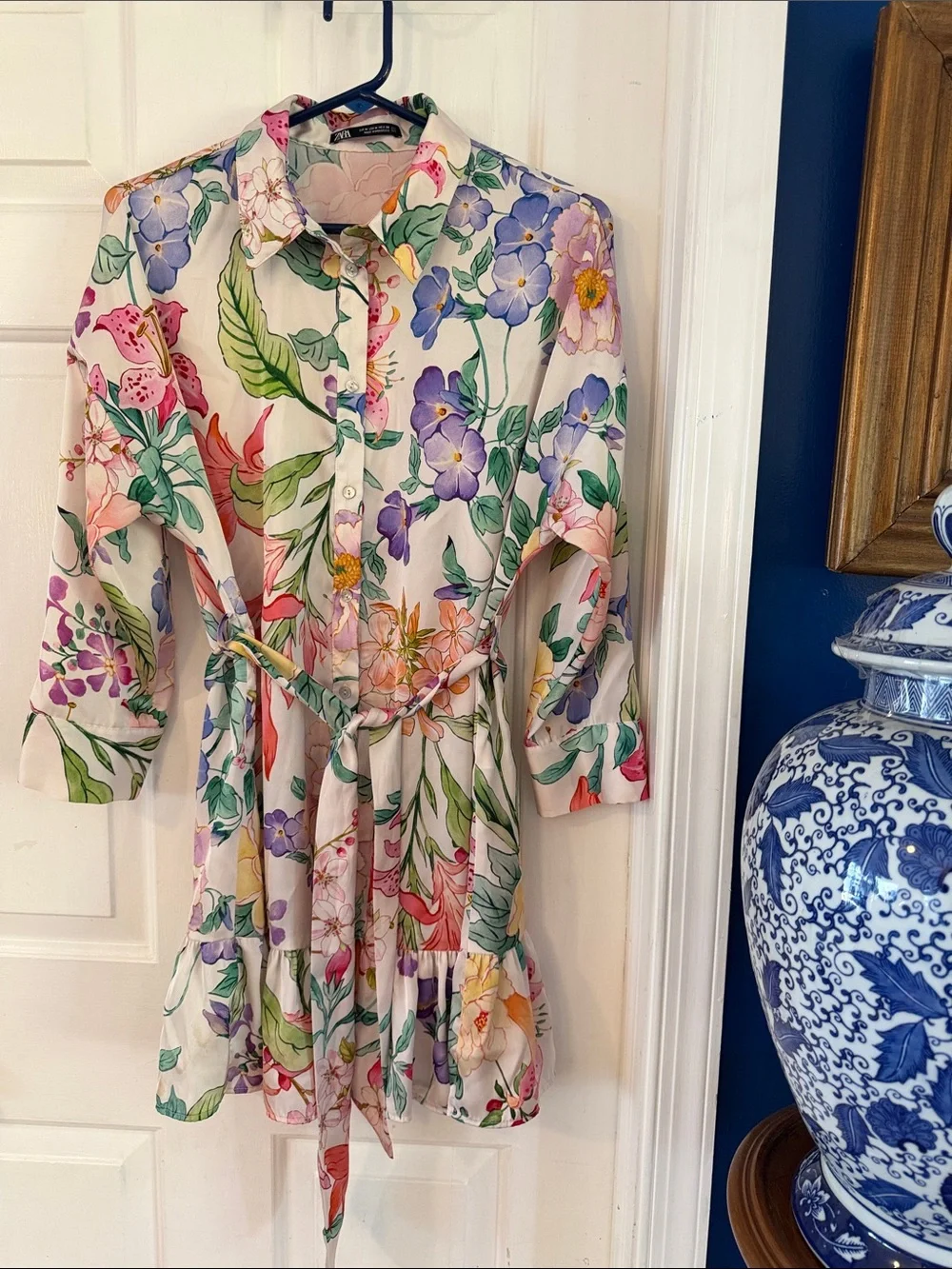 Zara Pink Floral Button-Up Flowy Polyester Dress Size Medium